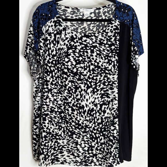 Liz Claiborne Tops - Colorblock LIZ CLAIBORNE Sz 3X Blue, White & Black Stretch Cheetah Print Blouse